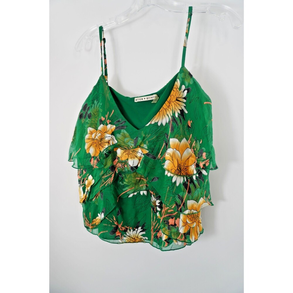 Alice + Olivia Women Size L Vanessa Tiered Multi Layered Green Floral Print Top